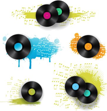 Vinil diskler ve lekeler, lekeler, uçan müzik notaları renkli kompozisyonlar. Çeşitli müzik temaları üzerinde soyut vektör çizimi