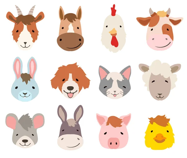 Animales Dibujos Animados Granja Enfrenta Colección Blanco Ilustración Vectorial — Vector de stock