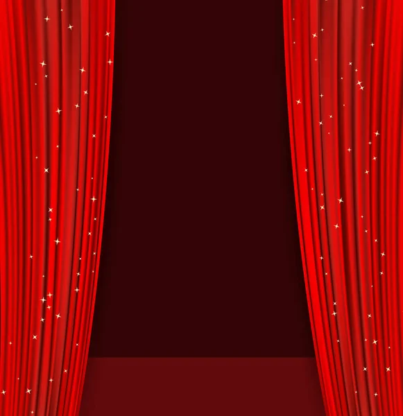 キラキラと暗いステージの赤いシアターカーテン オペラの赤いドレープと輝く星の抽象的な背景 ベクターイラスト — ストックベクタ