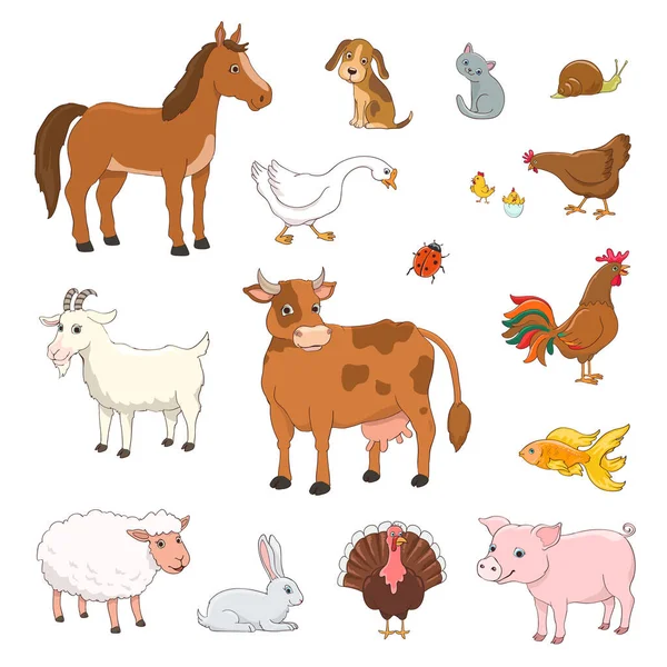 Conjunto Animales Granja Dibujos Animados Aves Corral Blanco — Vector de stock