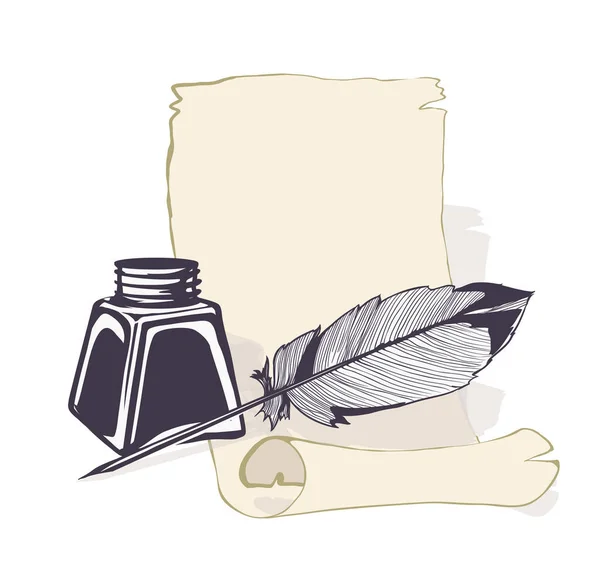 インクボトルと羽のキルト古代の紙の背景 ベクターイラスト — ストックベクタ
