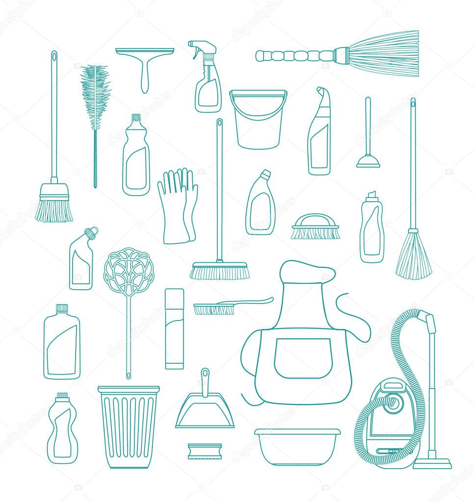 Set of cleaning supplies background. Tools of housecleaning. Vector outline illustration