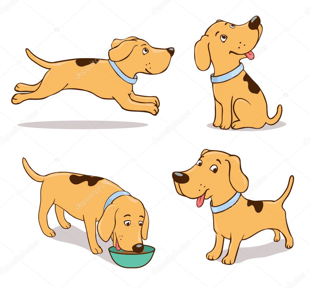 Sitting, running, smiling, standing, eating hand-drawn dog in different poses.