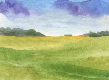 Güneşin doğuşunda bulutlu ve çayırlı güzel bir manzara. suluboya manzara arkaplanı