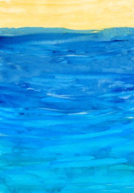 Mavi deniz dalgaları ve güneş ışığı. Fırça darbeleriyle soyut suluboya arkaplan