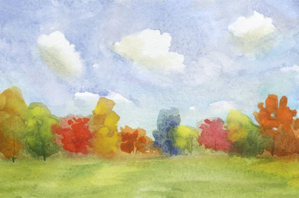Абстрактный Пейзаж Осенним Полем Деревьями Различных Цветов Облачным Небом Ручной — стоковое фото