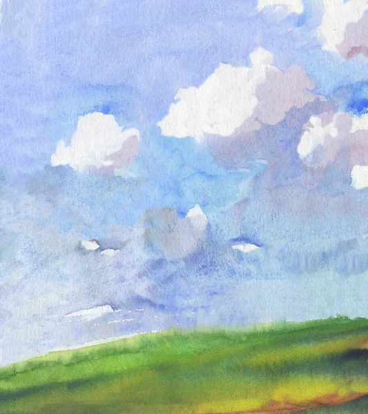 Aquarelllandschaft Mit Weißen Wolken Über Grünem Feld Handgezeichnete Illustration — Stockfoto