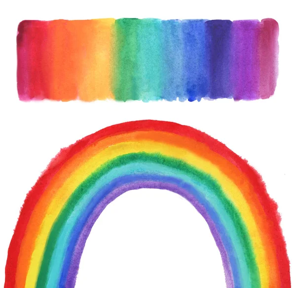 Aquarell Regenbogen Auf Weiß Kindliche Regenbogenzeichnung Mit Leuchtenden Farben — Stockfoto