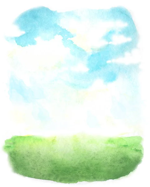 Sfondo Acquerello Con Cielo Nuvole Bianche Campo Verde Composizione Astratta — Foto Stock