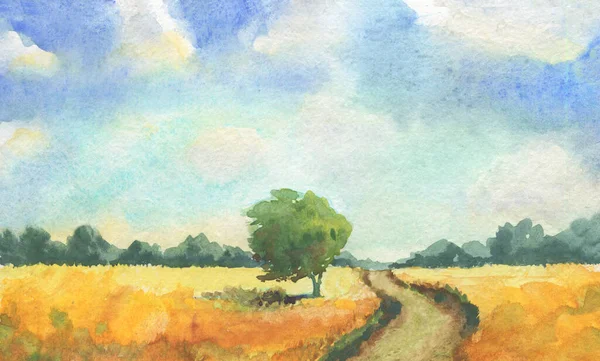 Vidéki Táj Sárga Mezővel Ösvény Kék Felhőkkel Akvarell Illusztráció — Stock Fotó