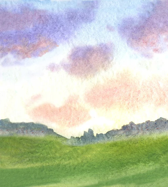 Beau Paysage Avec Nuages Prés Arbres Lointains Lever Soleil Aquarelle — Photo