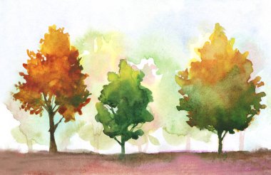suluboya sonbahar ağaçları. Sonbahar parkı temalı, turuncu, sarı, yeşil renkli bir resim. çok renkli ağaçları olan soyut sonbahar manzarası.