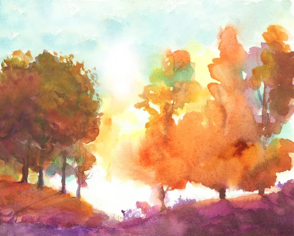 Akvarell Höst Träd Höst Park Tema Illustration Med Orange Gul — Stockfoto