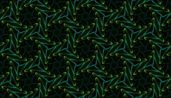 Surreal bezszwowy zielony wzór na czarnym tle. Abstrakcyjna ozdoba powtarzających się elementów świecących. — Zdjęcie stockowe