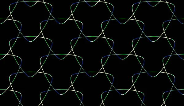 Minimalistic seamless pattern on black background. Abstract ornament of repeating glowing elements.