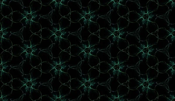Близкие цветы. Прохладный безseamless узор на черном фоне. Абстрактный дизайн повторяющихся перламутровых зеленых цветов . — стоковое фото