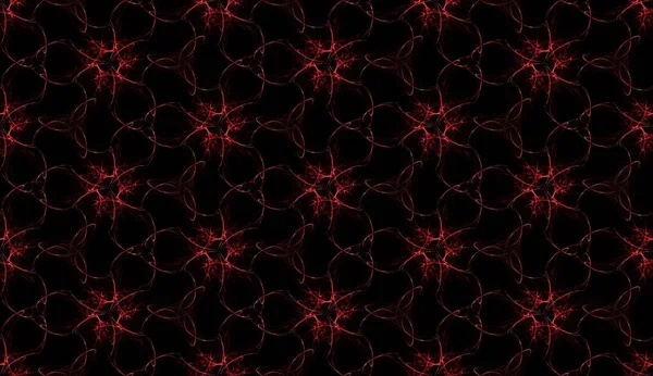 Unföldi virágok. Hűvös varrás nélküli mintázat a fekete háttér. A vörös tónusú, ismétlődő izzó virágok absztrakt tervezése. — Stock Fotó