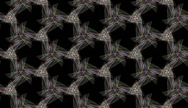 Cool abstrakcyjne bezszwowe Multi kolorowy wzór na czarnym tle. Abstrakcyjna ozdoba powtarzających się zawija wstążek. — Zdjęcie stockowe
