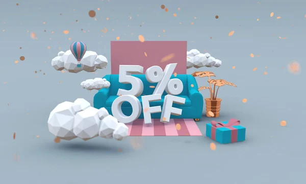 Five percent off 3d illustration in cartoon style. Discount concept. — ストック写真