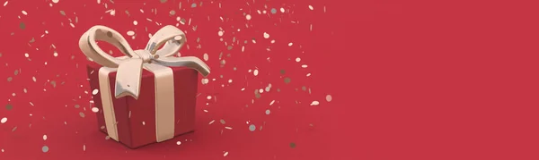 Vacker presentask med gyllene rosett och band på röd bakgrund, fallande konfetti. 3D-illustration. Horisontell banderoll. Royaltyfria Stockfoton
