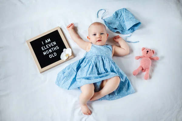 Elf Monate altes Mädchen in blauem Sommerkleid legt sich auf weißem Hintergrund mit Briefkasten und Teddybär hin. — Stockfoto