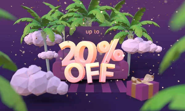 20 20 % de réduction sur l'illustration 3D dans le style dessin animé. Déstockage d'été, vente, concept d'escompte. — Photo