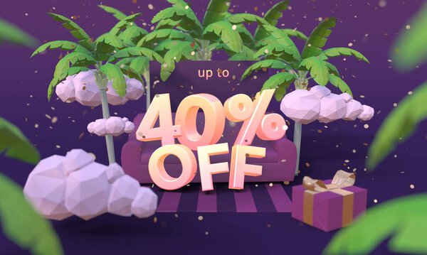 40% off 3D illustration in cartoon style. Летняя распродажа, концепция скидок
.