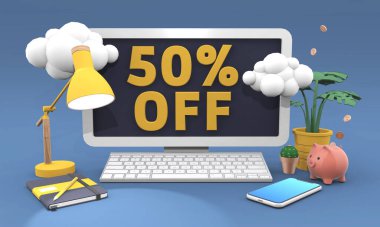 Çizgi film tarzında% 50 indirimli 3D illüstrasyon. Çevrimiçi satış kavramı.