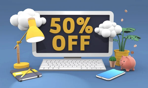 50% off 3d illustration in cartoon style. Концепция продажи онлайн . — стоковое фото