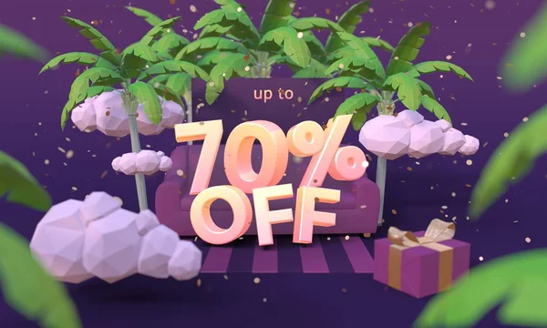 70 70% off 3D illustration in cartoon style. Летняя распродажа, концепция скидок. Лицензионные Стоковые Фото