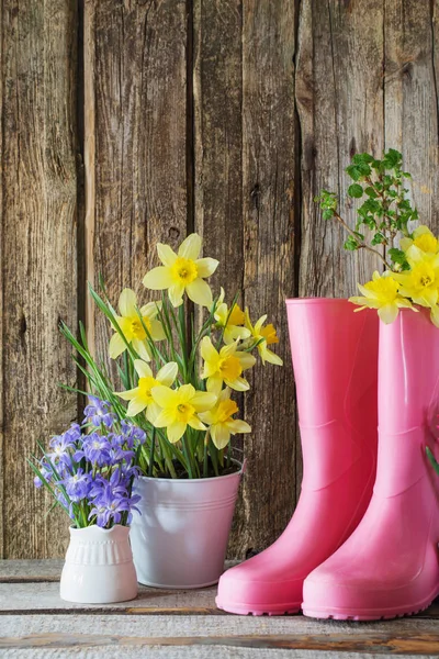 Botas Borracha Flores Primavera Fundo Madeira — Fotografia de Stock