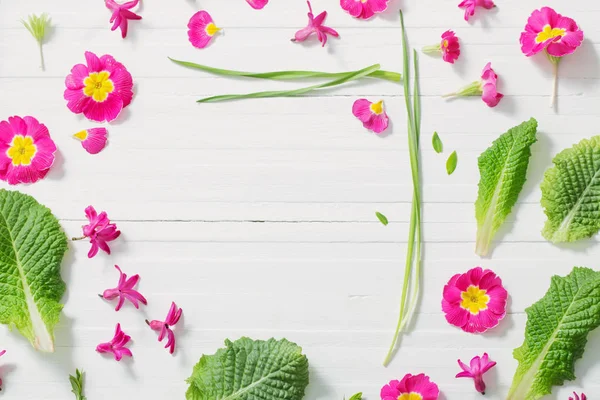 Rosa Frühlingsblumen Auf Weißem Holzhintergrund — Stockfoto