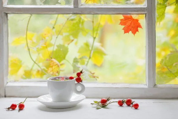 Çay Bir Dogrose Bir Pencere Üzerinde Çilek Ile — Stok fotoğraf