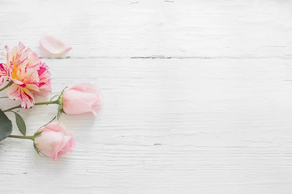 Розы Белом Деревянном Фоне — стоковое фото
