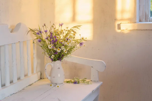 Wild Flowers Jug White Wooden Bench — Stock Photo, Image