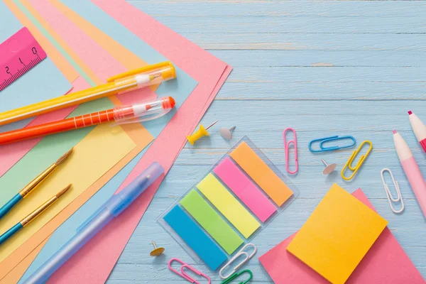 School Supplies Blue Wooden Background — Stock Photo, Image