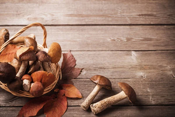 Funghi Cesto Fondo Legno — Foto Stock