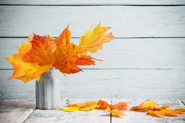 Autumn Yellow Leaves Vase Old Wooden Background — Stock Photo, Image