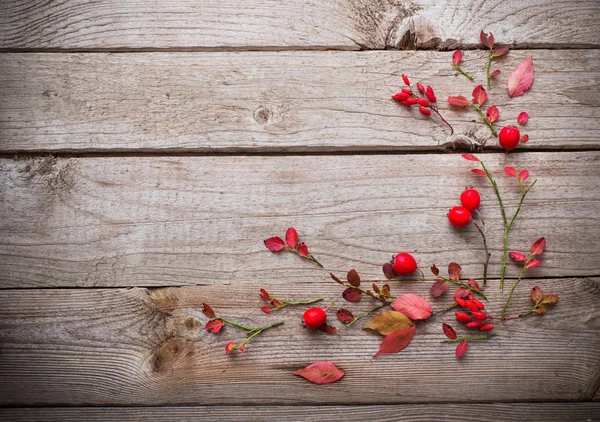 Rote Herbstblätter Auf Altem Holzgrund — Stockfoto