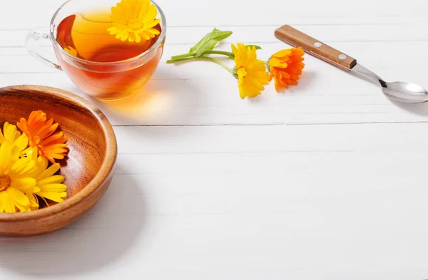 Calendula Marigold Herbal Tea White Wooden Table — Stock Photo, Image