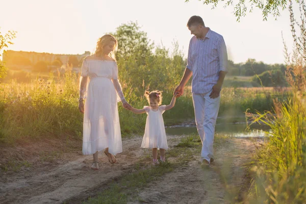 Lycklig Familj Sommaren Park Vid Solnedgången — Stockfoto