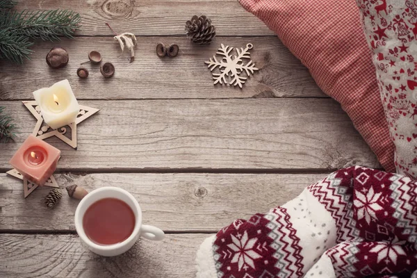 Kaarsen Kerstdecoratie Houten Achtergrond — Stockfoto