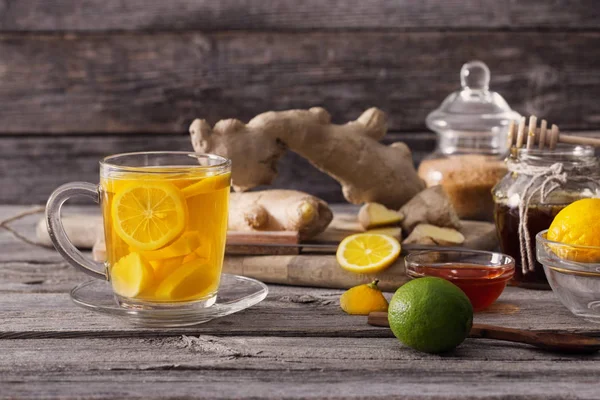 Chá Gengibre Ingredientes Fundo Madeira Grunge — Fotografia de Stock