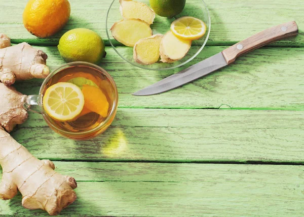 Ginger Tea Ingredients Grunge Wooden Background — Stock Photo, Image