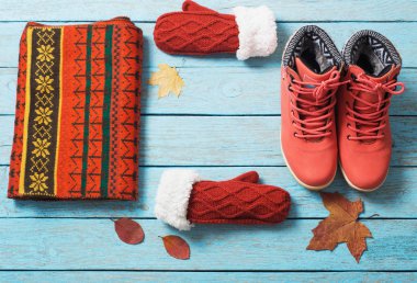 Kış Giysi ve ayakkabı ahşap arka plan üzerinde