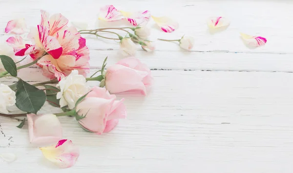 Rosas Sobre Fondo Blanco Madera —  Fotos de Stock