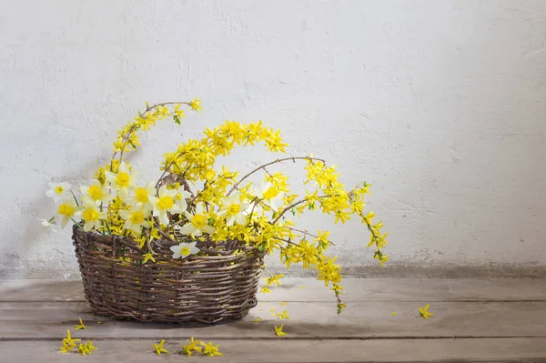 Flores Amarillas Primavera Cesta Sobre Fondo Pared Vieja —  Fotos de Stock