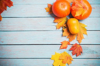sonbahar yaprakları ve kabaklar mavi ahşap zemin üzerine