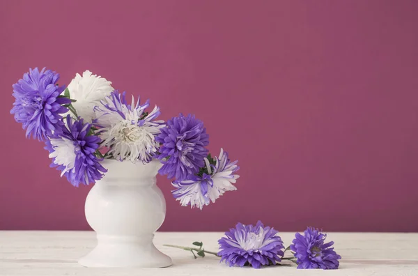 Blauwe Aster Bloemen Witte Vaas — Stockfoto