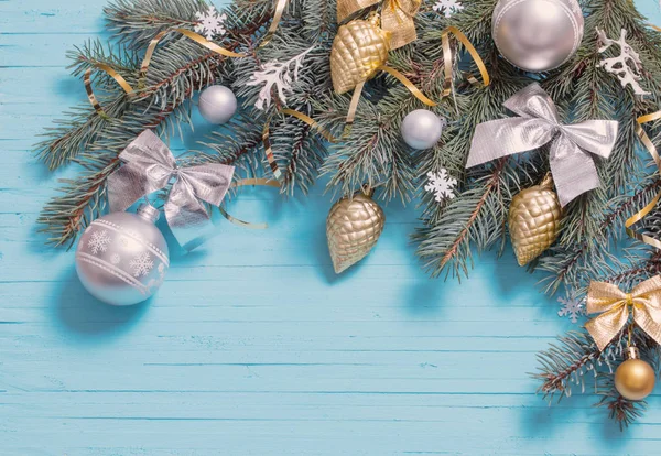 Kerstdecoratie Blauwe Houten Achtergrond — Stockfoto
